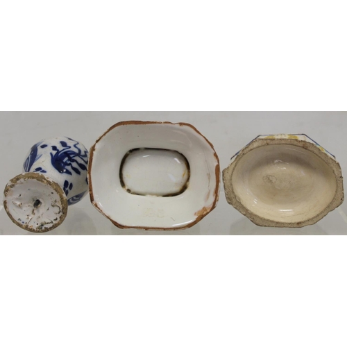 367 - Dutch Delft trencher salt of octagonal form, 9.5cm long; another trencher sale; blue and white Delft... 