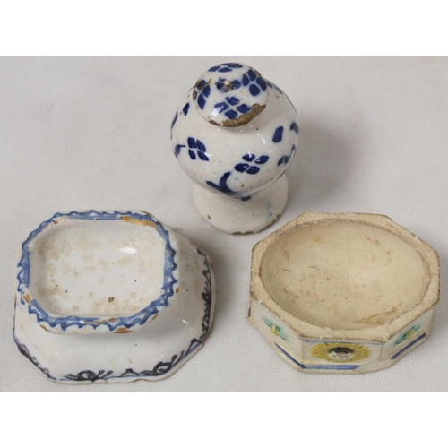 367 - Dutch Delft trencher salt of octagonal form, 9.5cm long; another trencher sale; blue and white Delft... 