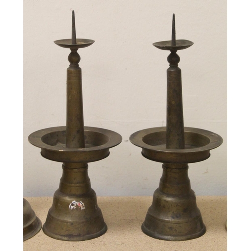 382 - Pair of brass pricket candlesticks and four other pairs of brass candlesticks.  (10).