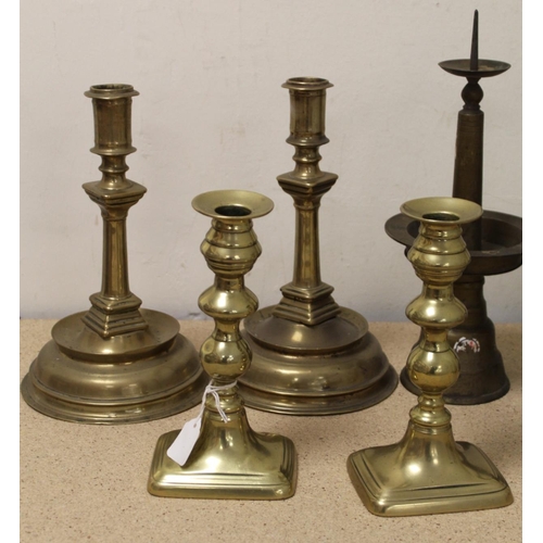 382 - Pair of brass pricket candlesticks and four other pairs of brass candlesticks.  (10).