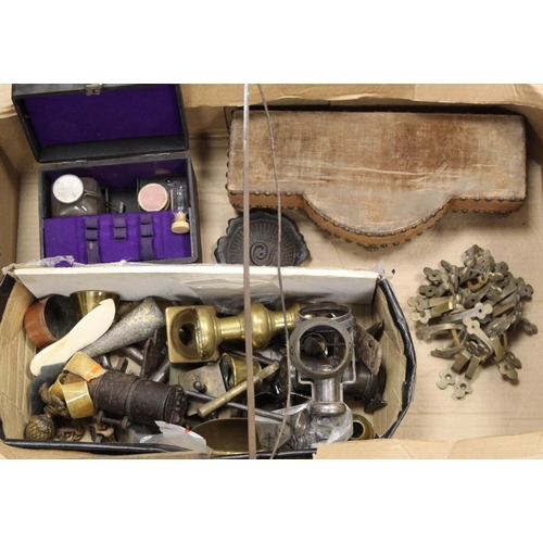 386 - Box of miscellanea including carriage whip, metal plaque, brass stair rod clips, etc.