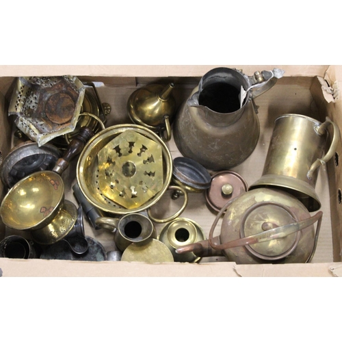 397 - Box of brassware including trumpet, jugs, warming dishes, etc.