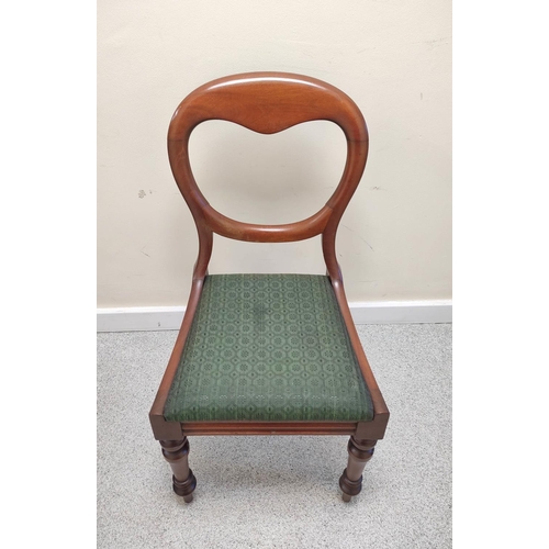 542 - Six Victorian mahogany balloon back chairs with green upholstered slip in seats raised on turned tap... 