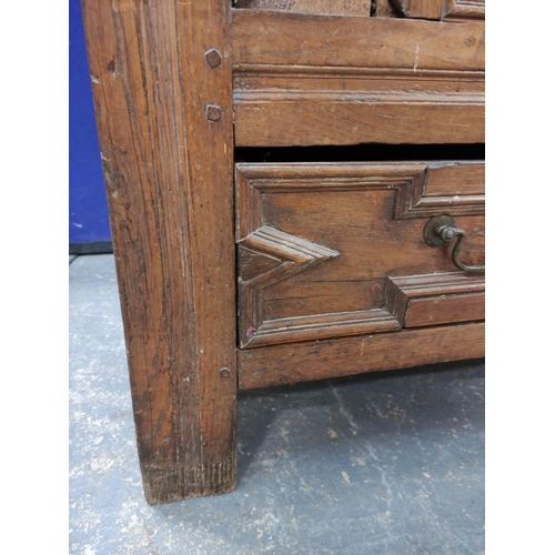 557 - William & Mary oak coffer, with a carved panelled front, bearing inscription ER and dated 1696, ... 