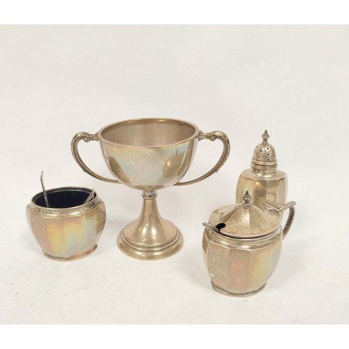 21 - Silver three piece condiment set and a cup, 448g / 10oz including liners.