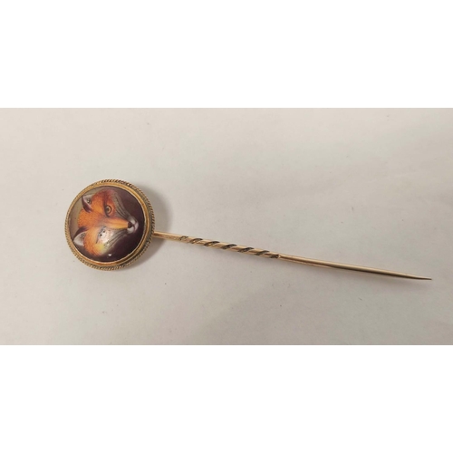 24 - Victorian gold scarf pin with painted fox head, in the manner of W B Ford, probably 15ct.