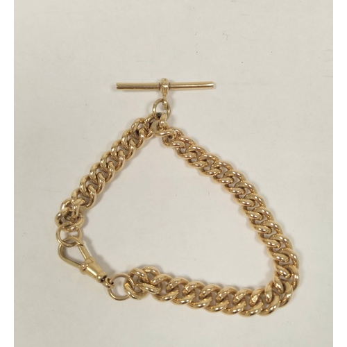 28 - 9ct gold curb bracelet of watch guard form, with bar and swivel, 30g.