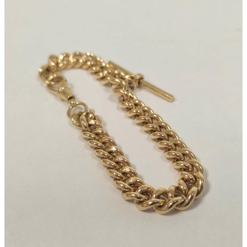 28 - 9ct gold curb bracelet of watch guard form, with bar and swivel, 30g.