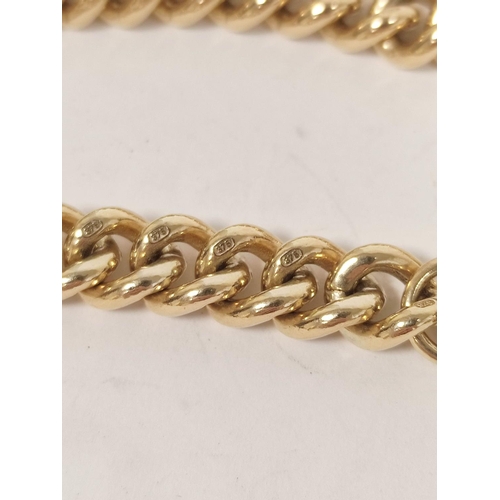 28 - 9ct gold curb bracelet of watch guard form, with bar and swivel, 30g.