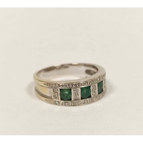 58 - Half hoop style ring with three square emeralds and diamond brilliants in white gold '780' 7.9g. Siz... 