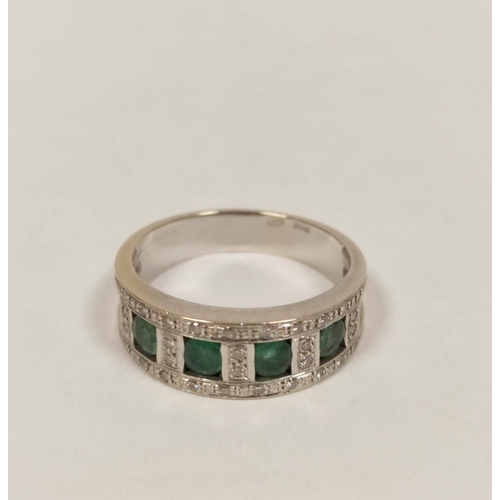 58 - Half hoop style ring with three square emeralds and diamond brilliants in white gold '780' 7.9g. Siz... 