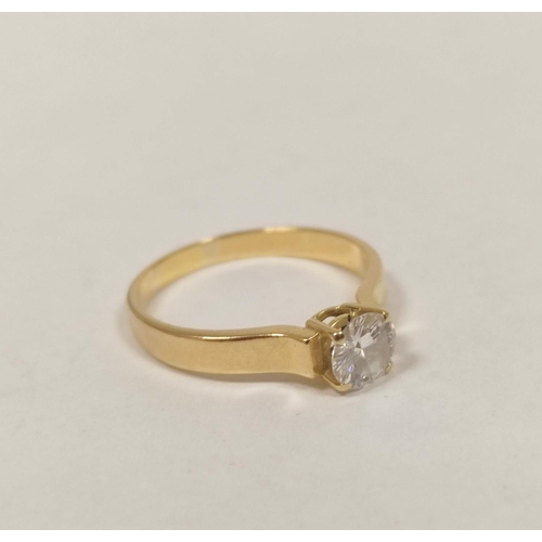 59 - Diamond solitaire ring the brilliant approximately .75ct in gold, probably 18ct. Colour E/F coupe cl... 