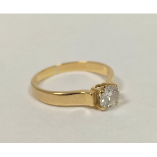 59 - Diamond solitaire ring the brilliant approximately .75ct in gold, probably 18ct. Colour E/F coupe cl... 