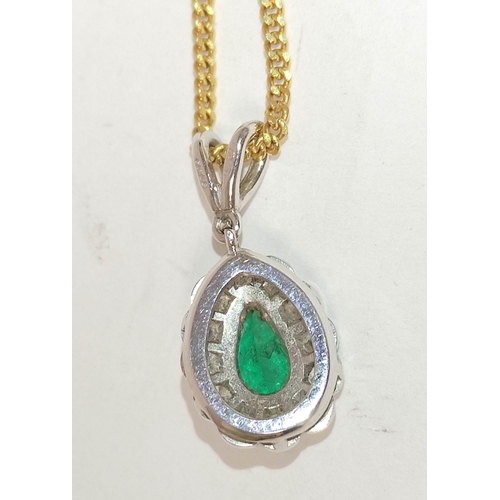 60 - Pendant of pear shape, with an emerald and diamond brilliants in 18ct white gold, on curb necklet '7... 