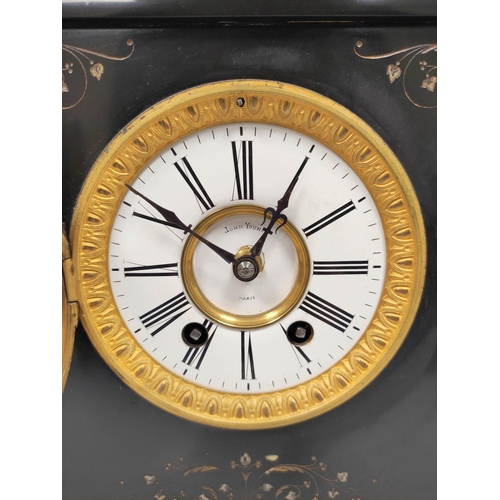 70 - French mantel clock inscribed John Young Paris in slate case with marble inlay and columns.