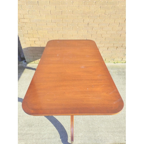 564 - Reproduction mahogany double pedestal dining table with brass claw clips & castor. 177 x 100cm