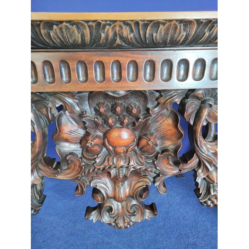 562 - Impressive walnut console table base on scroll supports profusely carved with grotesque birds at eac... 