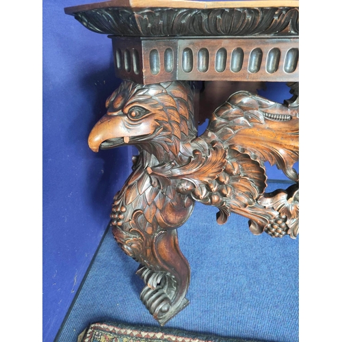 562 - Impressive walnut console table base on scroll supports profusely carved with grotesque birds at eac... 