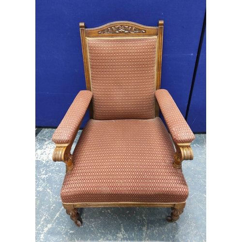 576 - Set of eight late Victorian dining chairs and a similar parlour armchair, each with pink geometric u... 