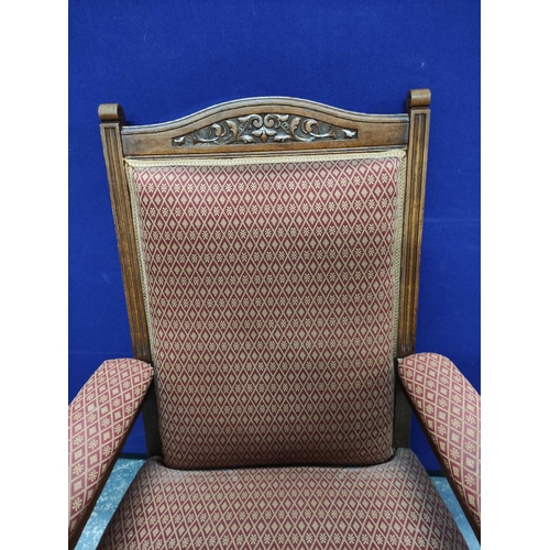 576 - Set of eight late Victorian dining chairs and a similar parlour armchair, each with pink geometric u... 