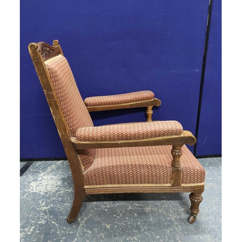 576 - Set of eight late Victorian dining chairs and a similar parlour armchair, each with pink geometric u... 