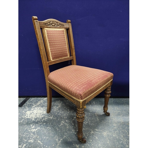 576 - Set of eight late Victorian dining chairs and a similar parlour armchair, each with pink geometric u... 