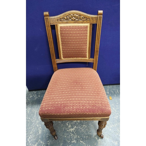 576 - Set of eight late Victorian dining chairs and a similar parlour armchair, each with pink geometric u... 