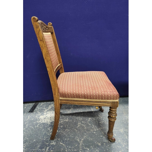 576 - Set of eight late Victorian dining chairs and a similar parlour armchair, each with pink geometric u... 