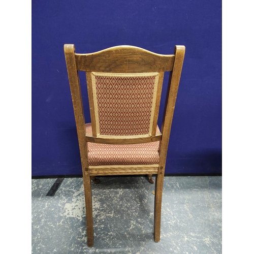 576 - Set of eight late Victorian dining chairs and a similar parlour armchair, each with pink geometric u... 