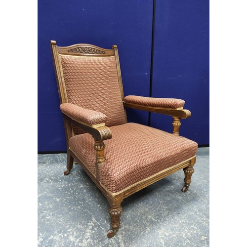 576 - Set of eight late Victorian dining chairs and a similar parlour armchair, each with pink geometric u... 