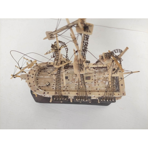 509 - Napoleonic Wars Interest- Early 19th century prisoner of war bone model ship of a three masted galle... 