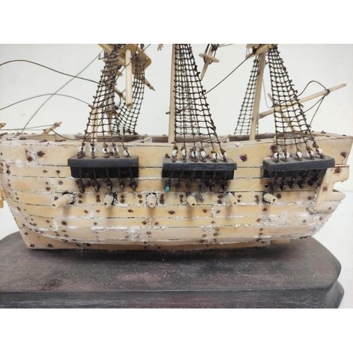 509 - Napoleonic Wars Interest- Early 19th century prisoner of war bone model ship of a three masted galle... 