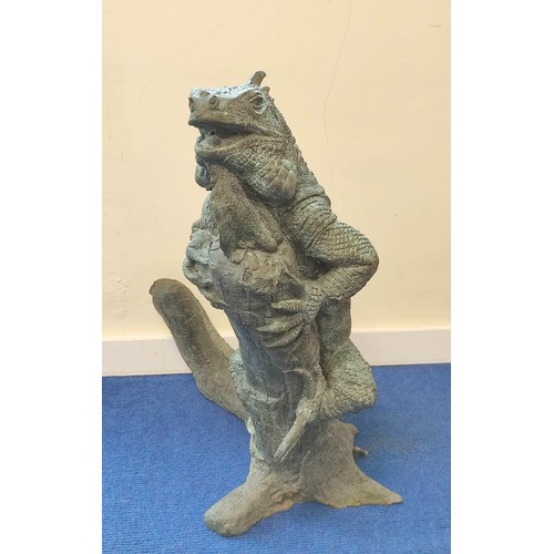 535 - Large contemporary bronze garden water feature of an Iguana climbing a tree branch with deep surface... 