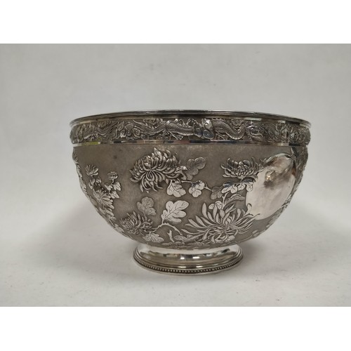 64 - Fine Chinese export silver bowl, hemispherical, with chased sprays of chrysanthemums and other flowe... 