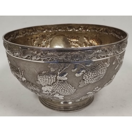 64 - Fine Chinese export silver bowl, hemispherical, with chased sprays of chrysanthemums and other flowe... 