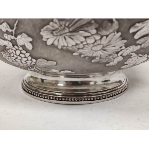 64 - Fine Chinese export silver bowl, hemispherical, with chased sprays of chrysanthemums and other flowe... 