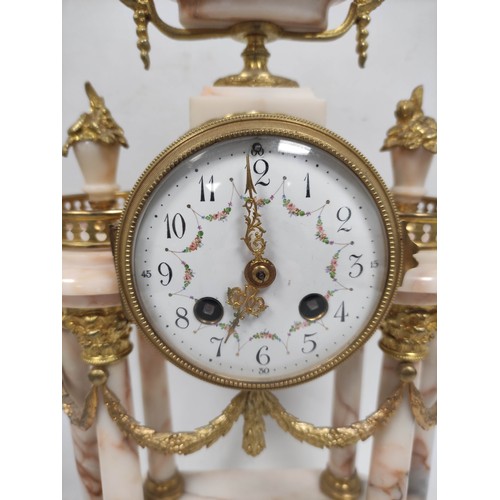 79 - Belle Epoque period rose variagated marble and ormolu garniture du cheminee comprising a clock with ... 