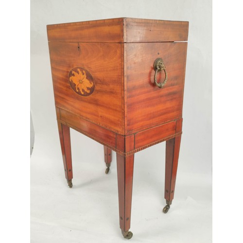 580 - 19th century inlaid mahogany rectangular cellerette with brass lion mask handles, fitted interior ra... 