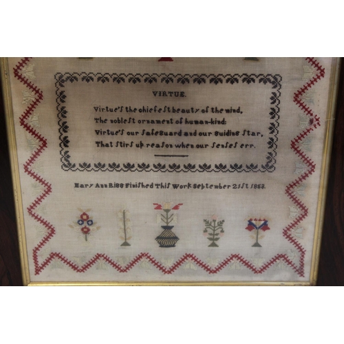 400 - Victorian sampler worked in polychrome wool threads on natural canvas back, worked by Mary Ann Rigg,... 