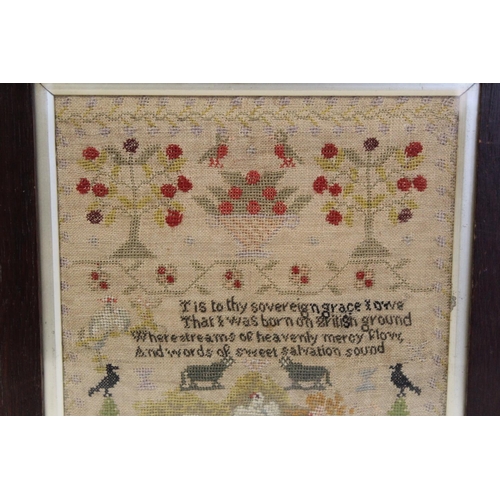 403 - Victorian sampler by Martha Jopson, aged 11 years, Dec. 17 1879, worked in polychrome threads on nat... 