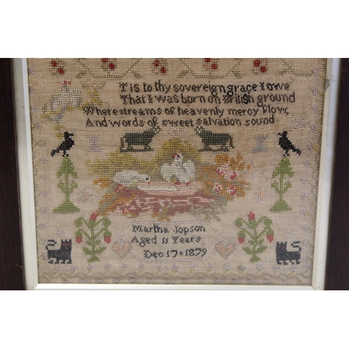 403 - Victorian sampler by Martha Jopson, aged 11 years, Dec. 17 1879, worked in polychrome threads on nat... 