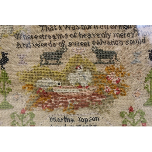 403 - Victorian sampler by Martha Jopson, aged 11 years, Dec. 17 1879, worked in polychrome threads on nat... 