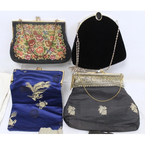 415 - Four vintage ladies evening bags and three pairs of long kid gloves.