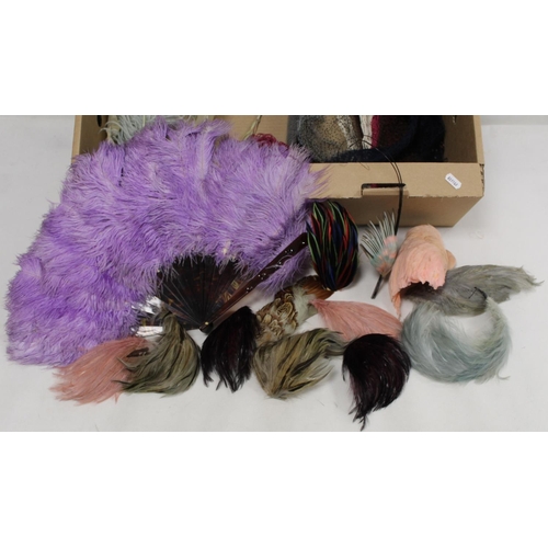 429 - Ostrich feather fan with tortoiseshell effect sticks; various feather trims and netting for hats. A ... 