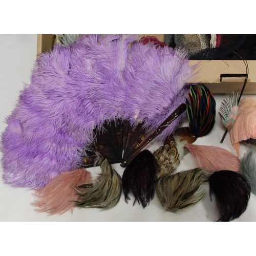 429 - Ostrich feather fan with tortoiseshell effect sticks; various feather trims and netting for hats. A ... 