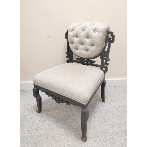 579 - Late 19th century Aesthetic ebonised occasional chair with grey silk damask upholstery, buttoned bac... 