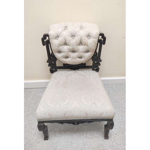 579 - Late 19th century Aesthetic ebonised occasional chair with grey silk damask upholstery, buttoned bac... 