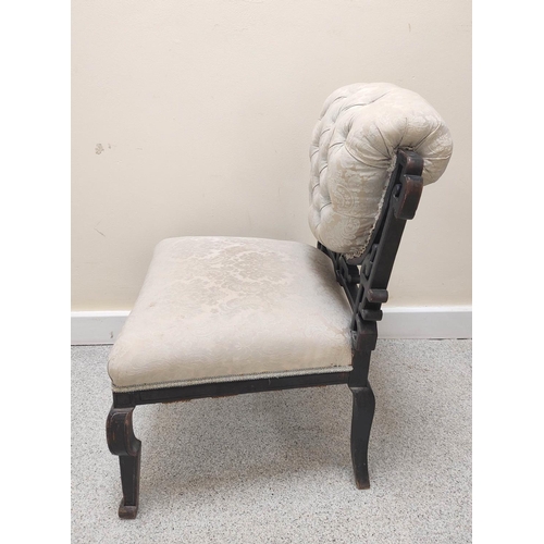 579 - Late 19th century Aesthetic ebonised occasional chair with grey silk damask upholstery, buttoned bac... 