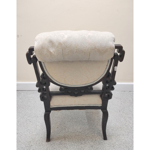 579 - Late 19th century Aesthetic ebonised occasional chair with grey silk damask upholstery, buttoned bac... 