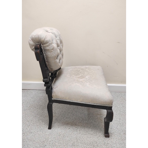 579 - Late 19th century Aesthetic ebonised occasional chair with grey silk damask upholstery, buttoned bac... 